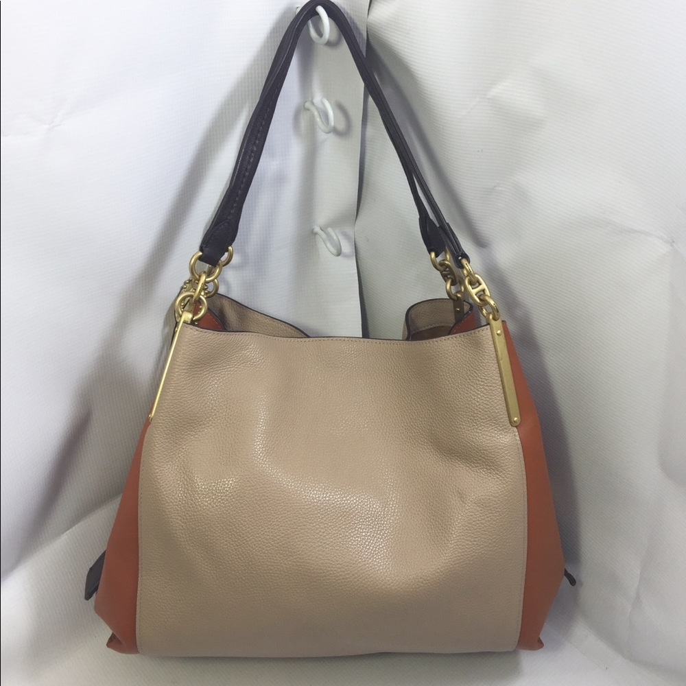 Coach Two-Tone Pebbled Leather Shoulder Bag in Beige, Orange and Brown